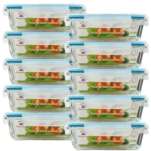 House Organizer Kit 10 Potes de Vidro Herméticos 640ml com Vedação Total e 4 Travas – Conserva Alimentos Frescos por Muito Mais Tempo!