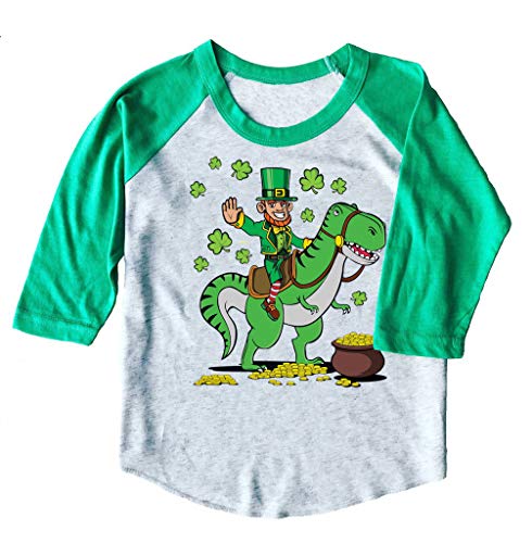 St. Patrick's Day Dinosaur Kids T-Shirt/or Unisex 3/4 Sleeve Baseball Tee (White with Green Sleeves, 4T)