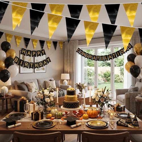 Image of 40M /130FT Black Gold Triangle Pennant Banner Flag Metallic Fabric Bunting Garland for Christmas Wall Hanging,Graduation Decorations, New Years Decorations,Father' Da