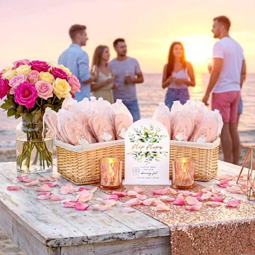Image of 24 Pairs Bulk Flip Flops for Wedding Guests | Reception Sandals, Wedding Party Favors with Sign, Size Cards, Bagged, Dance Floor Slippers