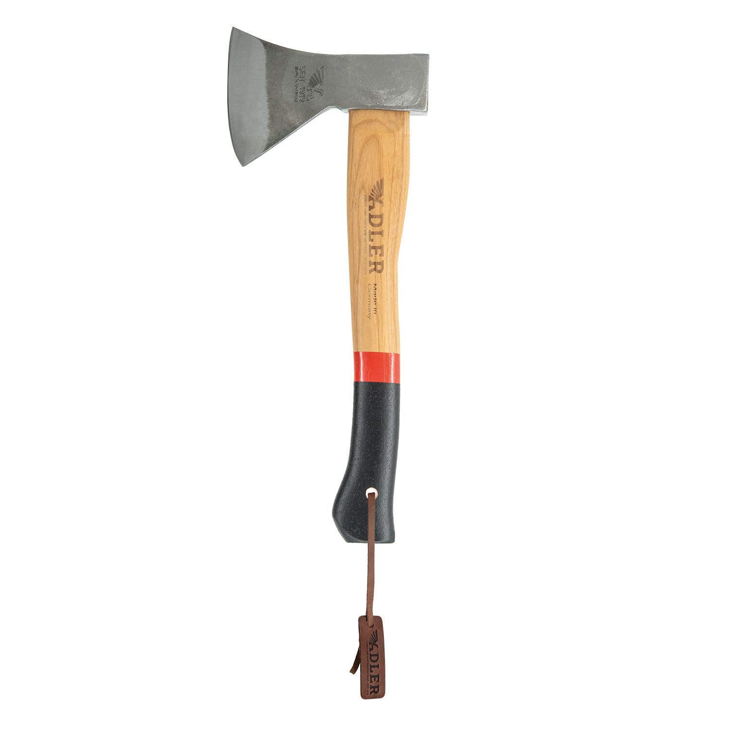 ADLER Beil 600 g, Holzaxt mit 36cm langem ergonomischem Hickory-Stiel, Rutschfester Griff, C60 Stahl Carbon Klinge inklusive Lederschutz/Camping/Forst Garten & Wald/rot, schwarz (Rot/Schwarz) | Geschmiedeter Kopf mit doppelter Sicherheitsverkeilung und Le