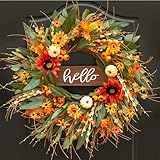 24 Inch Fall Wreaths for Front Door Outside- Pinkpuii Artificial Autumn Wreath with Sunflowers,Pumpkins & “Hello” Sign– Lifelike Silk Thanksgiving Harvest Wreath- Indoor Outdoor Farmhouse Home Decor
