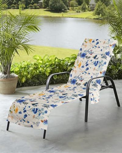 Beach Pool Patio Lounge Chaise Chair Cover Towel with Pockets, Botanical Flower Absorbent & Quick Dry Microfiber Towel Cover Bag Summer Travel Accessories for Sunbathing Blue Farmhouse Country Leaves