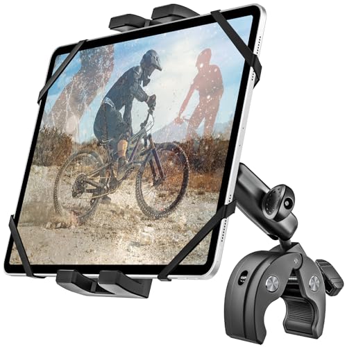 Metal iPad Tablet Mount for Boat Helm, Wheelchair Pole, Golf Cart, Stroller, Mic Stand, Fitness Bike, Road Mountain Bicycle - 360° Adjustable Handlebar Clamp for 4.7-13