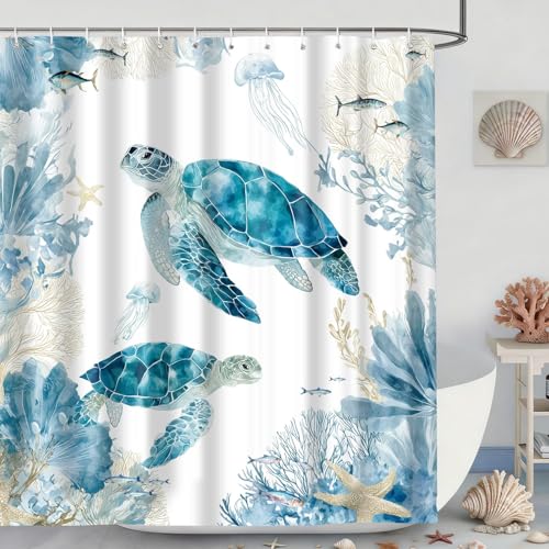 TYTYUU Sea Turtle Shower Curtain Blue Ocean Beach Coastal Shower Curtains for Bathroom Nautical Waterproof Fabric Bathroom Decor 72x72 inches