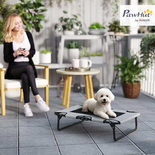 PawHut Hundeliege Outdoor, Erhöhtes Hundebett für kleine und mittelgroße Hunde, klappbar Haustierliege mit Mesh Stahlrahmen Füßen, Haustierbett für Draußen Camping, 75x51x18 cm, Hellgrau