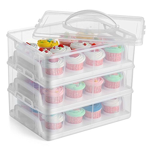 Gr8 Home 3 Tier Stackable Cupcake Carrier Box Muffin Cake Holder Plastic Clear Storage Container...