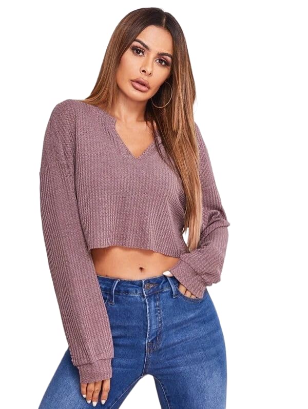 Image of Zilcon Women's Waffle Summer Tops Dressy Casual V Neck Long Sleeve Loose Crop Tunic Tops