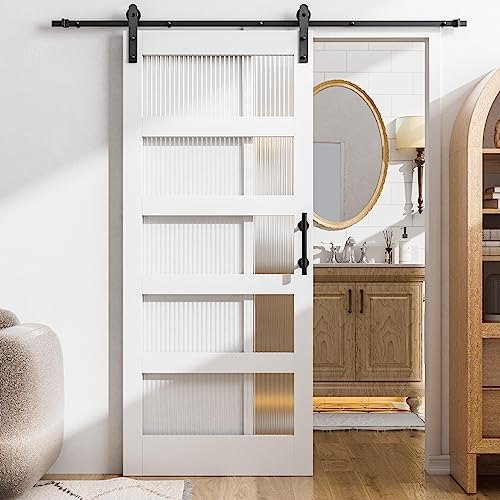 VINGLI 36in x 84in Glass Barn Door with 6.6ft Sliding Barn Door Hardware Kit &Handles, Pre-Drilled Holes Easy Assembly Solid Wood Slab White Sliding Door