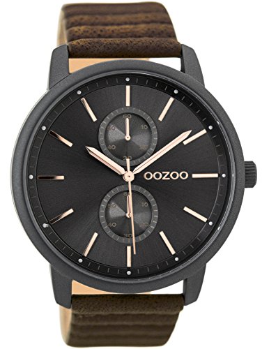 Preisvergleich Produktbild Oozoo Herrenuhr mit Lederband 45 MM Black / Silbergrau / Dunkelbraun C9452