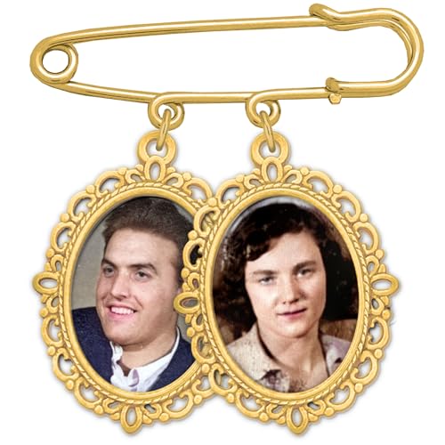 Gold Wedding Bouquet Photo Charm Pin Holds 2 Pictures Double Photo Charm Boutonniere Pin with Resizer