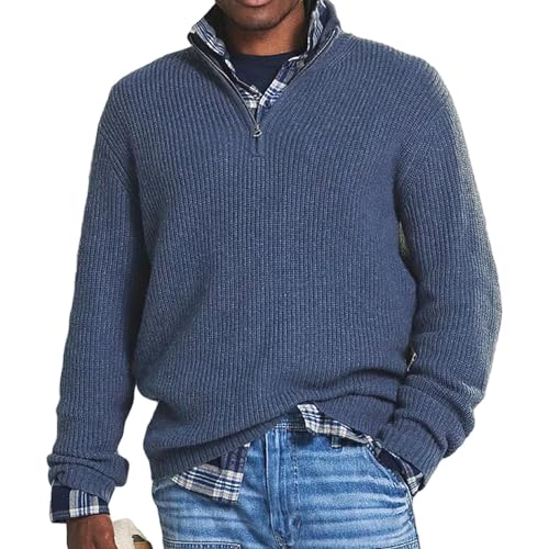 NAKEAH Herren-Kaschmir-Business-Casual-Reißverschlusspullover, Herren-Pullover mit Lockerem Reißverschluss und Stehkragen, Pullover mit 1/4-Reißverschluss (Large,Blue)