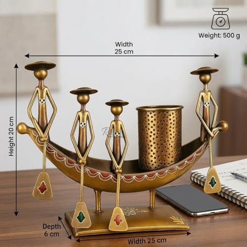 Image of Antique Metal Boat Pen Stand, Copper Gold 4-Man Rowing Showpiece Table Decor Item for Office Desk, Corporate Bulk Gifting and Study Room Decoration (Pack of 1)