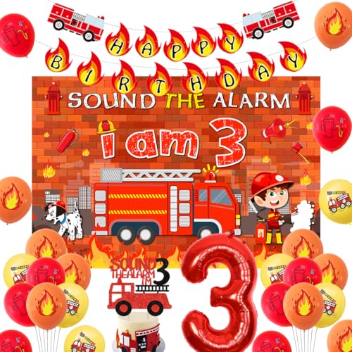 Fire Truck 3rd Birthday Decoration Sound the Alarm I Am 3 Birthday Decorations Sound the Alarm I Am Happy Birthday Banner, Backdrop, Cake Topper Firemen Bday Decorations for 3rd Bday Supplies