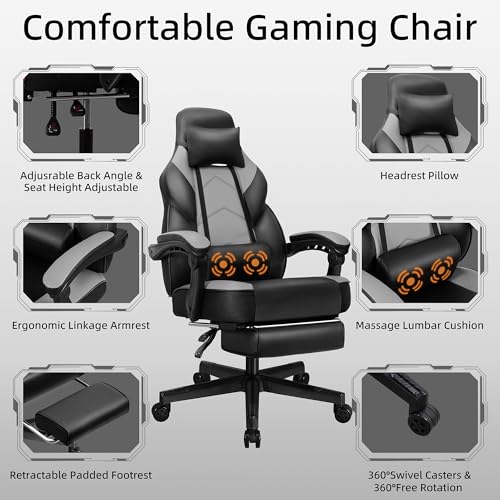 Shintenchi Gaming Chair, Computer Chair with Footrest and Lumbar Support,Video Game Chair Height Adjustable,Racing Style Computer Chair with 360°-Swivel Seat and Headrest (Grey) - Image 5