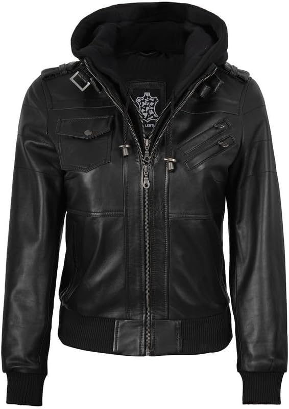 Decrum Detachable Hooded Leather Jacket Women - Real Lambskin Leather Bomber Jacket Women with Hood - Image 4