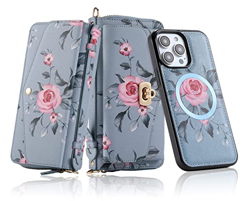 LITOU Compatible for iPhone 15 Phone Case Wallet for Women with Detachable Magnetic Phone Case Support Wireless Charging,RFID Blocking Card Holder,Crossbody Strap Wristlet.B2
