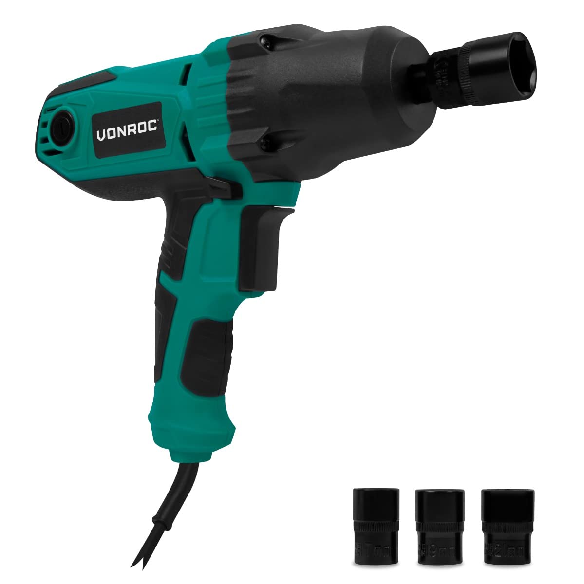 VONROC Clé à Choc Électrique 450W – Couple 350Nm – Mandrin Carré 1/2", 3000 tr/min, 4000 i/min – Variateur de Vitesse, Poignée Soft Grip, LED, Câble 3m – 4 Douilles Incluses – Mallette de Transport