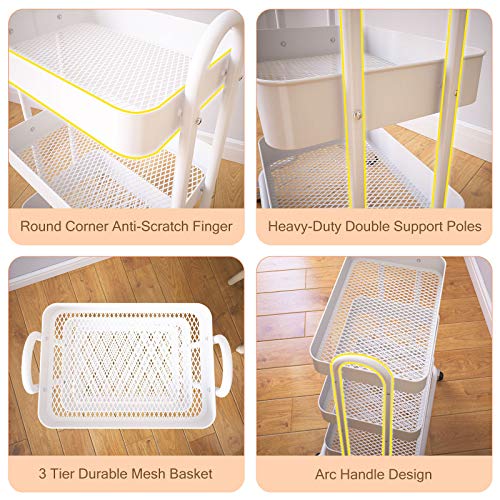 SNTD 3-Tier Rolling Utility Cart with Wheels Storage Shelves Trolley Service Cart for Bathroom Kitchen Office White