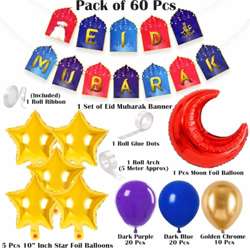 Image of Rozi Decoration Eid Mubarak Party Decoration Items with Purple, Blue & Golden Balloons Combo Kit - Set of 60 Pcs Ramadan Decorations Items for Home | Eid Balloon Decorations