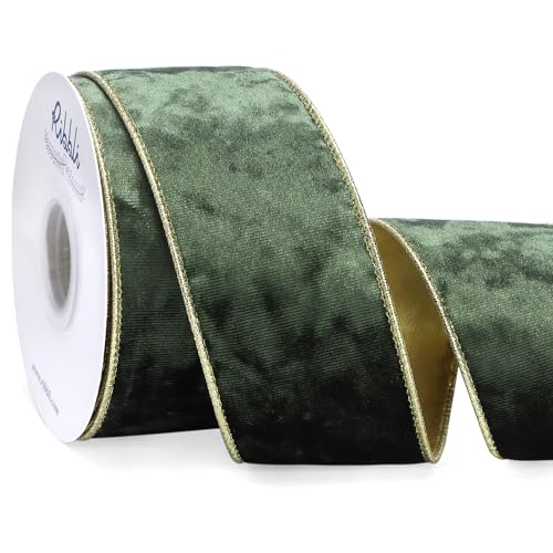 Image of Ribbli Moss Green Velvet Wired Ribbon 2.5 Inch Metallic Moss Gold Crushed Velvet Christmas Ribbon for Gift Wrapping Christmas Tree Decoration Crafts Wreaths Supplies-Continuous 10 Yards