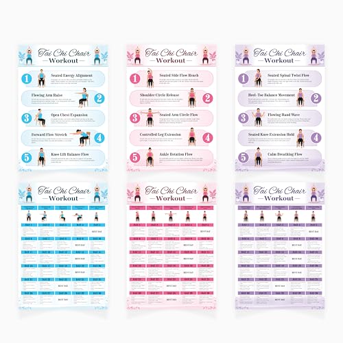 Tai Chi Chair Workout Poster Set 6 Laminated Exercise Charts Illustrated Seated Moves for Balance Mobility & Joint Pain Relief 30-Day Challenge