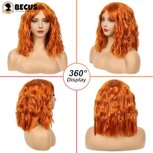 BECUS 12In Short Ginger Bob Wig for Women with Bangs Natural Curly Wavy Synthetic Wig for Daily Wear Halloween, Party & Cosplay - Image 2