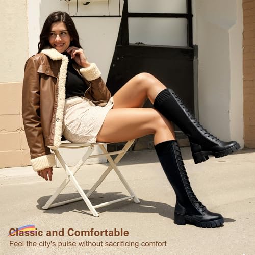 Vepose Women's 953 Lace Platform Combat Knee High Boots with Comfort Chunky Heel2