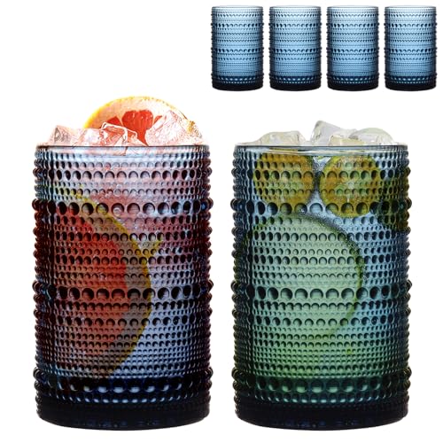 WeirdUncle Set of 4 Hobnail Drinking Glasses, 15oz, Vintage Jupiter Drinking Glasses,Embossed Old Fsahioned Glassware for Beer,Water,Juice,Cocktail,Whiskey,Gift (Cornflower Blue, Large)