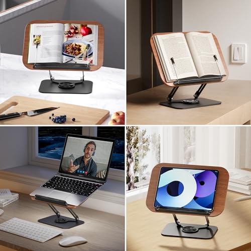 Image of SupeDesk Book Stand for Reading, Adjustable Book Holder with 360 Rotating Bases, Foldable Designs, and Elastic Clips, Multifunctional Display Stand for Recipe, Cookbooks, Magazines, Tablets, Laptops