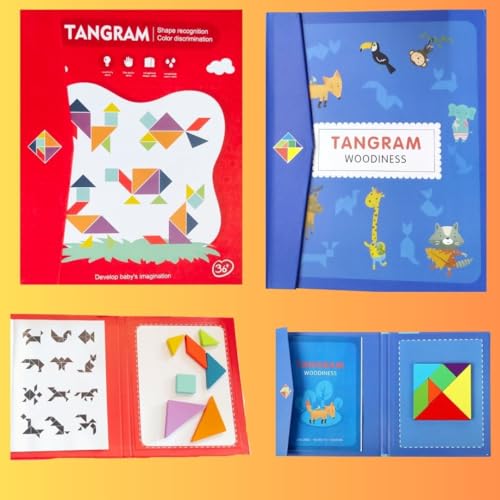 PLUSPOINT Wooden Tangram Travel Game Pack of 2 Magnetic Puzzle Book Game Tangrams Jigsaw Shapes with Solution Traveler Challenge IQ Educational Toy for 3-99 Years