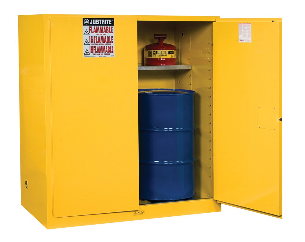 Steel 2 Door Manual Vertical Drum Flammables Storage Cabinet with by Justrite – 59" W x 65" H x 34" D, Alloy Steel, Yellow, Model 899100