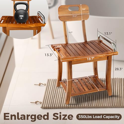 Fun Memories Teak Shower Bench Seat with Handles and Backrest, 19" Solid Wood Shower Stool Waterproof Shower Seat with Storage for Inside Shower Legs Shaving, Seniors Elderly Heavy Duty by Fun Memories - Used condition - Image 5