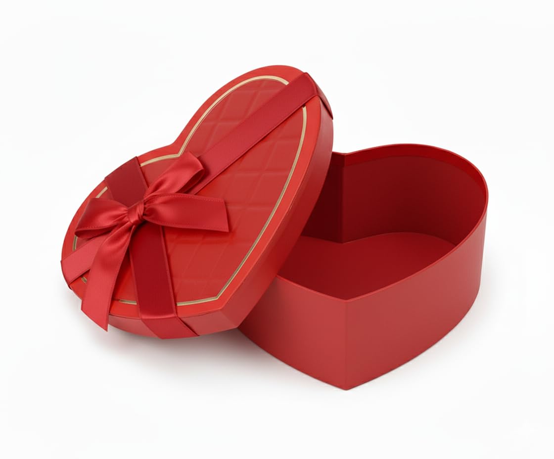 Emartbuy Red Heart Gift Box – Size 2 (Medium) 18.5 × 17 × 7.5 cm | Elegant Rigid Box with Satin Ribbon Bow | Ideal for Wedding, Anniversary & Valentine Gifts
