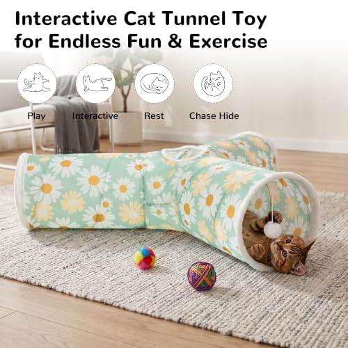 Image of Tempcore Cat Tunnel, 3-Way Collapsible Toy, Large Size Daisy Green Printed | Large Size 3-Way Cat Tunnel Provides More Room for Cats to Run, Hide and Chase, with Peek Holes, Hanging Ball and Teaser Wand
