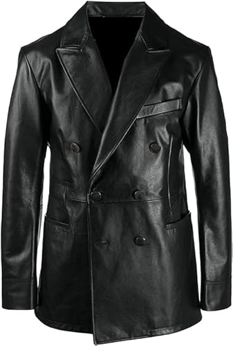 Image of EeJays Graceful Classic Double Breasted Coat For Men Real Leather Jacket Regular and Plus Size Black (US, Alpha, X-Large, Regular, Regular, Black)