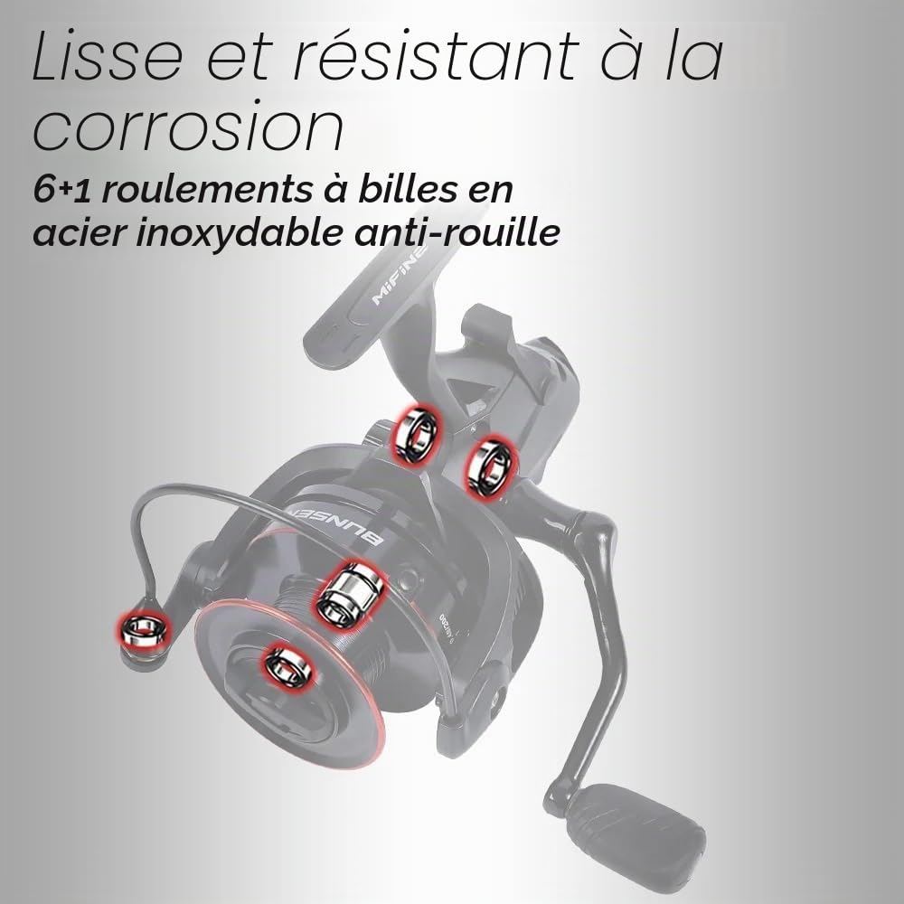Moulinet de pêche avec alarme de touche, taille 6000, frein maximal de 10 kg, roulements 6+1BB, rapport de démultiplication 4,7:1