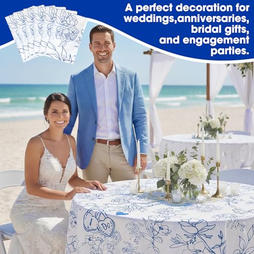 Image of Ganeen 6 Pcs Something Blue Tablecloth I Do Blue Floral Round Tablecloths Bridal Shower Bachelorette Party Decorations Plastic Round Table Covers for Wedding Bridal Shower Home Party Decoration