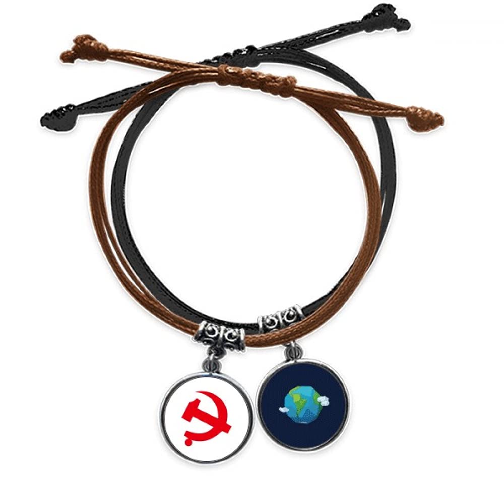 Pulsera comunista de cuero resistente con placa de relieve símbolo rojo y cuerda 3
