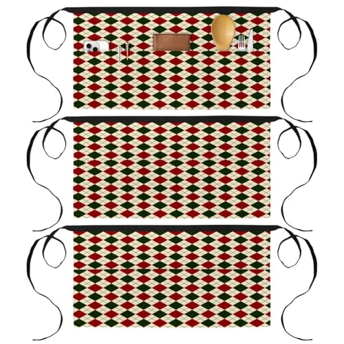 Lot de 3 tabliers courts de chef à motif écossais avec 3 poches pour cuisine