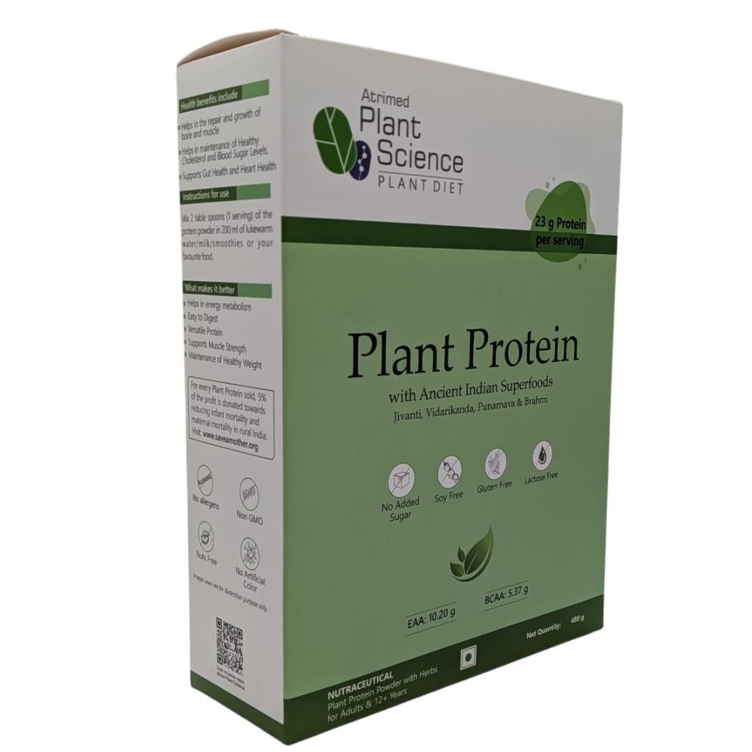 ATRIMED Plant Science Plant Protein – 480 g Pack – 86.8% of Green Pea Isolate, Brown Rice & Cow Pea Blend Fortified with Jivanti, Brahmi, Vidarikand , Flax seed & Punarnava for Energy, Gut Health & Muscle Support