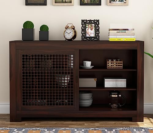 Image of Solid Sheesham Wood Wooden Sideboard Storage Cabinet : Ideal for Living Room and Bedroom with Without Drawers and 6-Shelf Storage (Hagborg, Walnut Finish)