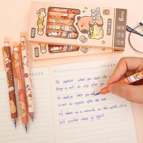 Image of UCRAVO Capybara Erasable Gel Pens Set of 6 | Cute Cartoon Blue Ink Fine Tip Erasable Pens with Rubber Eraser Cap | Smooth Writing Gel Pens for Students, School, Office, Journaling, Planner & Gifts