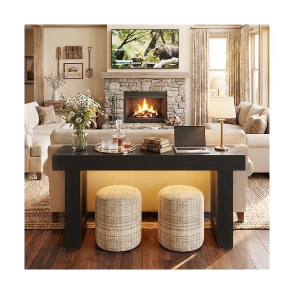 iSunirm Table Console avec Prises, 120x35x85 cm Console d’Entrée Étroite avec 2 Prises, 2 USB & Lumière à Détecteur, Couloir, Salon, Derrière Canapé, Noir