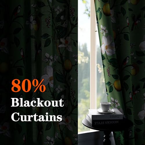 Image of MYSKY HOME Floral Blackout Curtains 95 Inch Long for Living Room Vintage Farmhouse Room Darkening for Dining Room Bedroom Lemon Hummingbird Patterned Thermal Insulated Drapes, Pack-2, W52, Sage Green