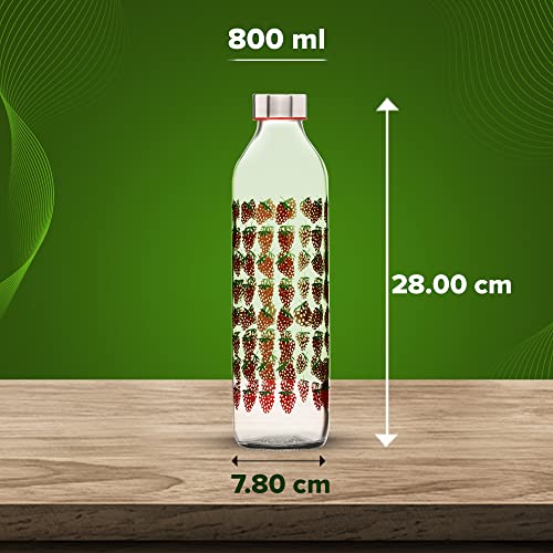 Image of SAND DUNE Set of 6, 800 ml Each Fresh Strawberry Printed Glass water bottle, with Leak-Proof Airtight Stainless-Steel Lid for Water, Smoothie, Juices - Reusable Travel Glass Drinking Fridge Bottles
