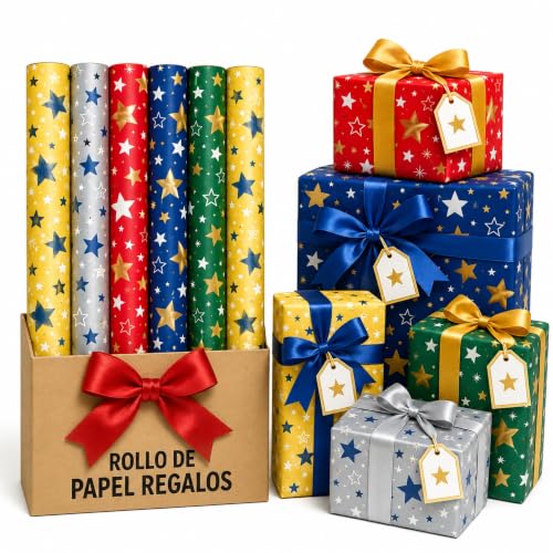 Rollo de papel para envolver regalos, Papel Regalo Cumpleaños, Papel Regalo Navidad, Papel navideño, Tamaño 70 cm x 2 Metros, Contiene 6 Rollos con diseños de Estrellas