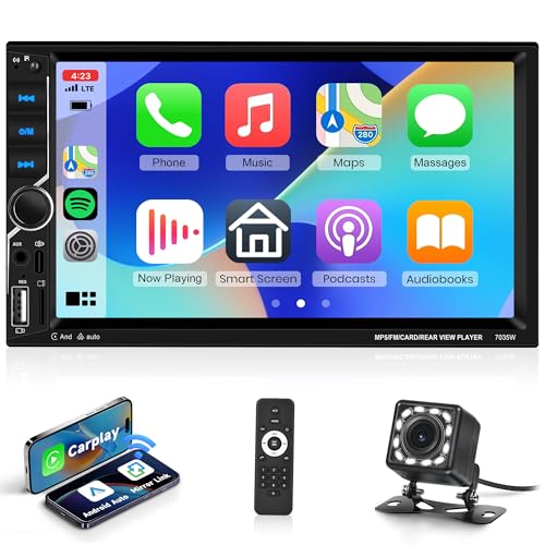 Rimoody Radio de Coche 2 DIN con Wireless Carplay,7 Pulgadas 2 DIN Stereo Auto Bluetooth con Pantalla HD con Android Auto Mirror Link GPS Navi FM/AUX/USB/EQ/DVR Control del Volante Cámara Trasera