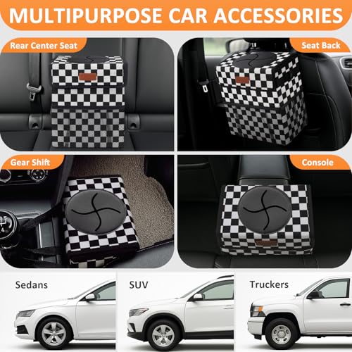 Image of Vankor Car Trash Can Bin with Lid Hanging for Back Seat, Car Accessories for Women Men Leak Proof Automotive Garbage Cans Leakproof Vehicle Trash Can for Truck SUV,Black White Checkered