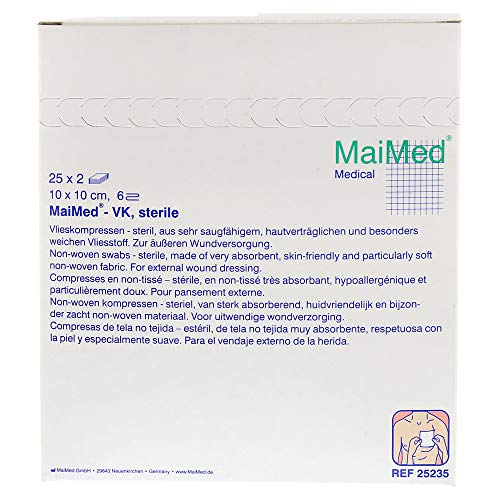 Non-woven Swabs, Sterile, 10 x 10 cm, 6-Ply, 2 Packs of 25, PZN 1280148